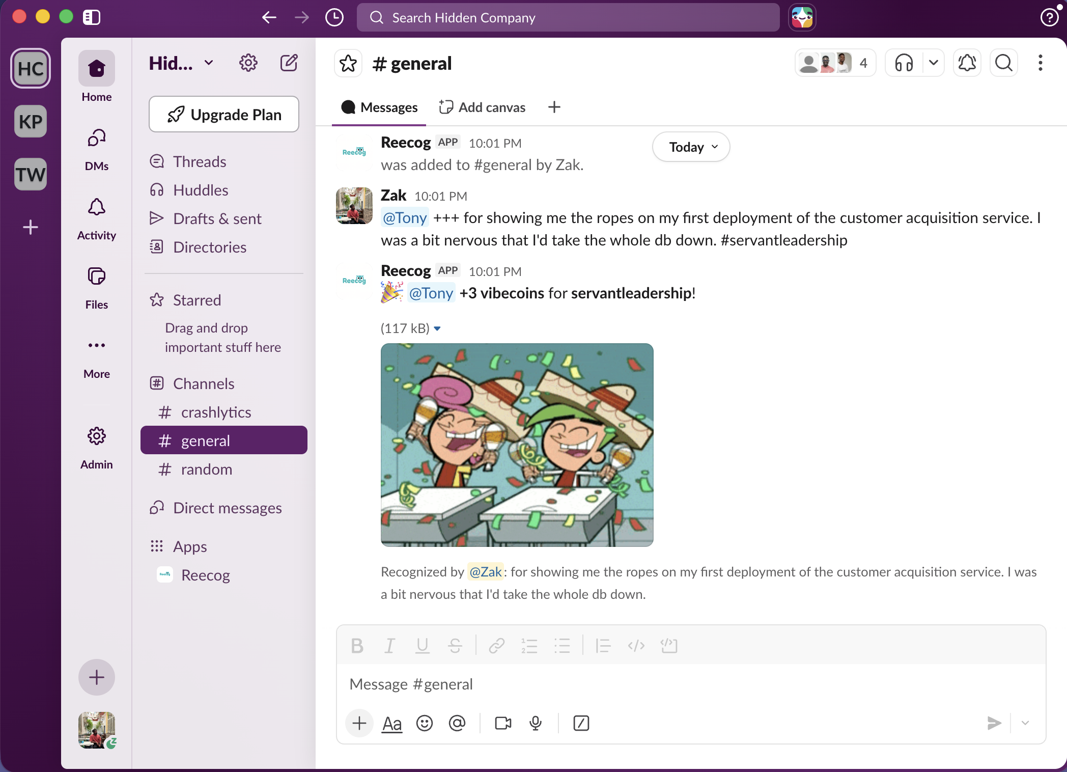 Recognition message in Slack
